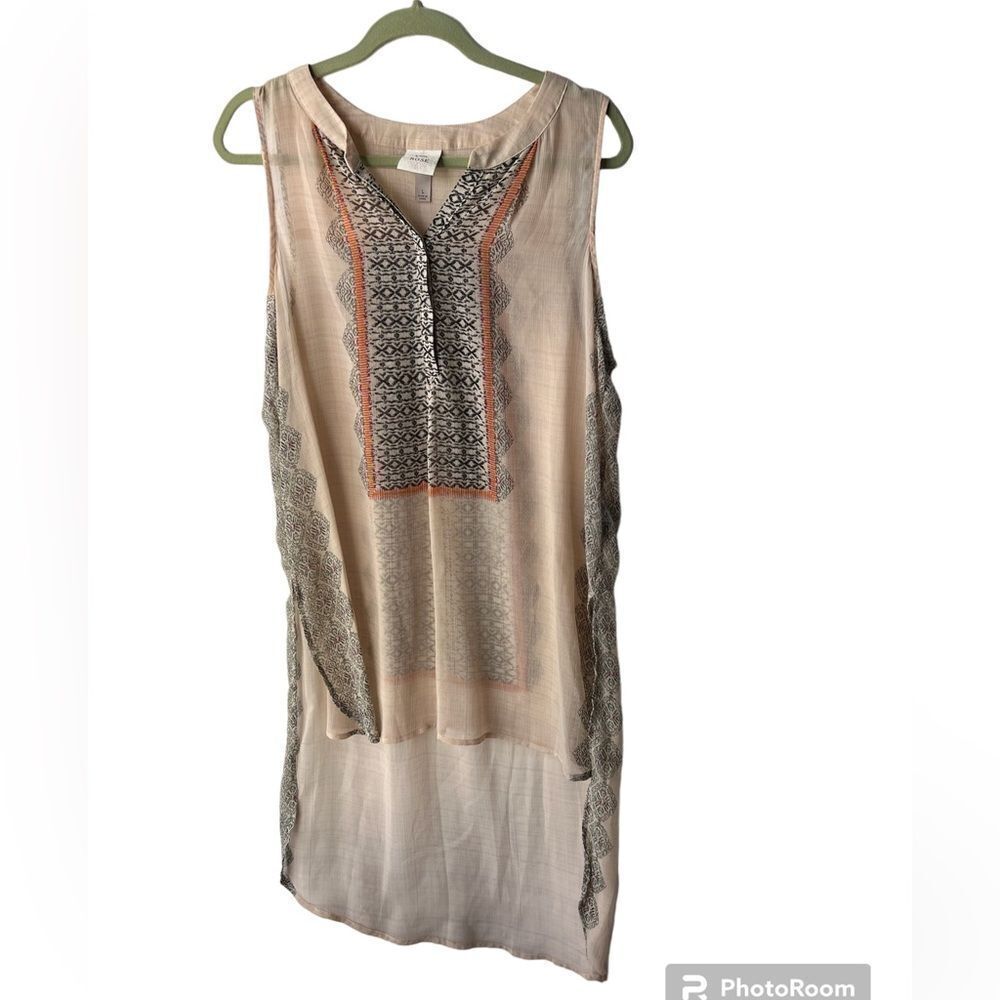 Knox Rose sheer top split high low hem half button collared blouse L
